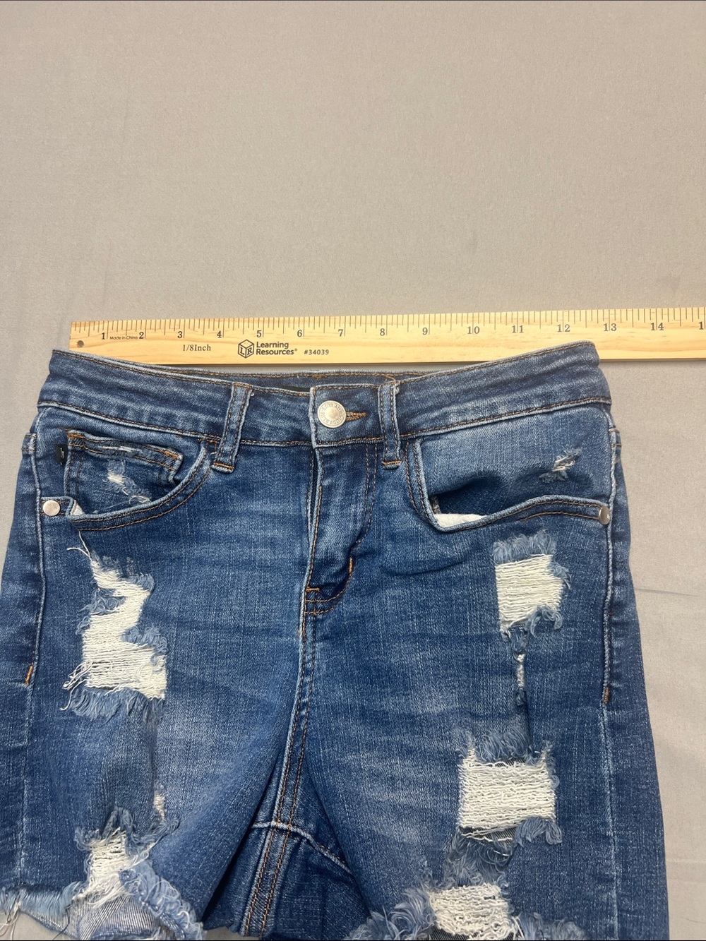 Judy Blue Distressed Mid-Blue Frayed Hem Jean Shorts - Picture 4 of 5